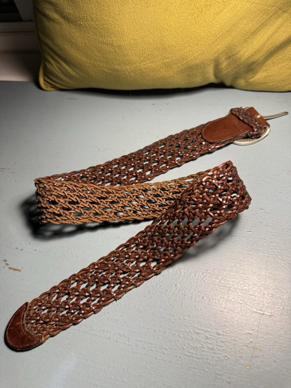 Women's Fossil Wide Braided Leather Silver Metal Buckle Small Open Weave Belt